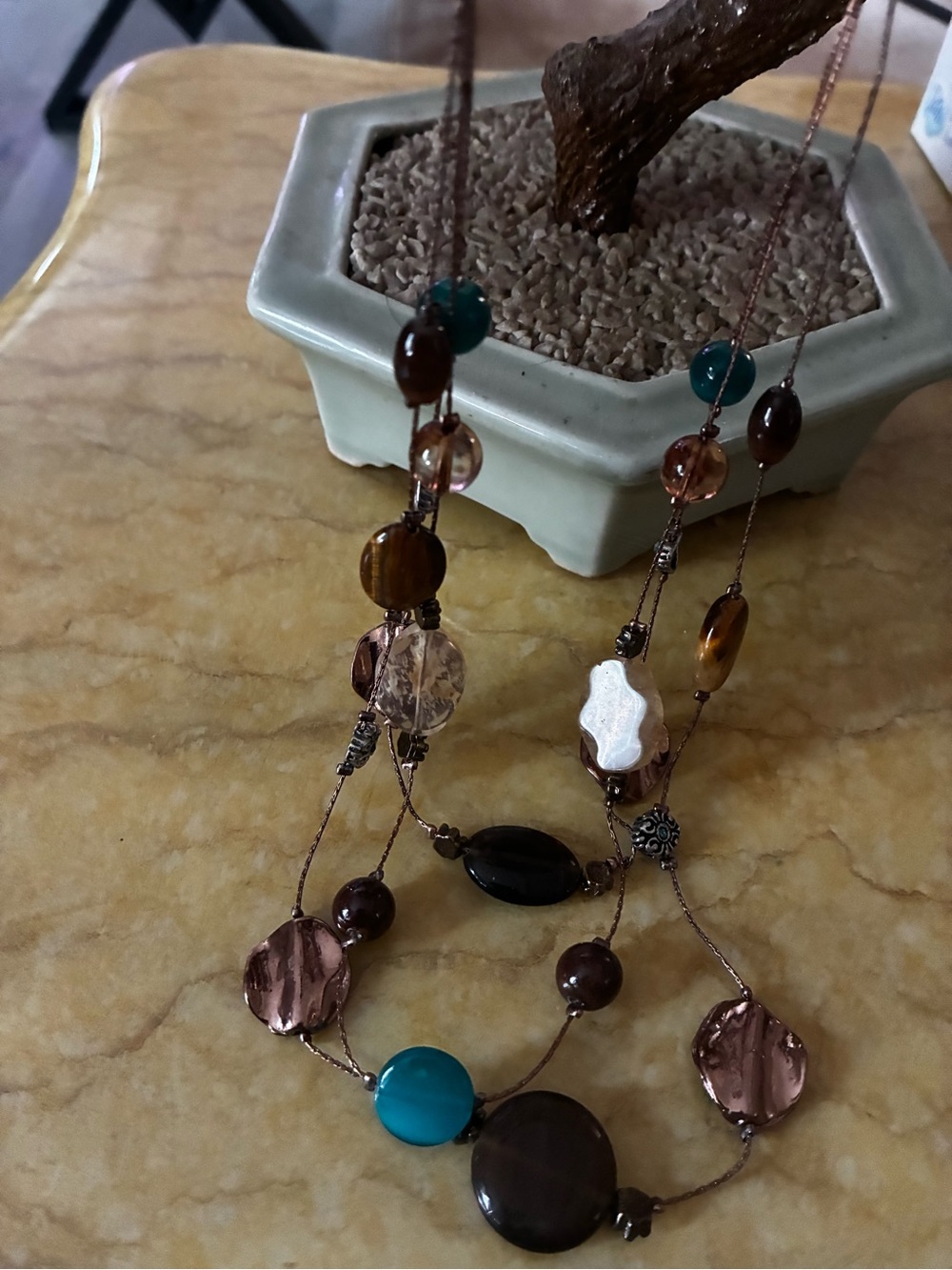 Vintage  copper glass  Multicolor Beaded Long Necklace - Turquoise & Brown